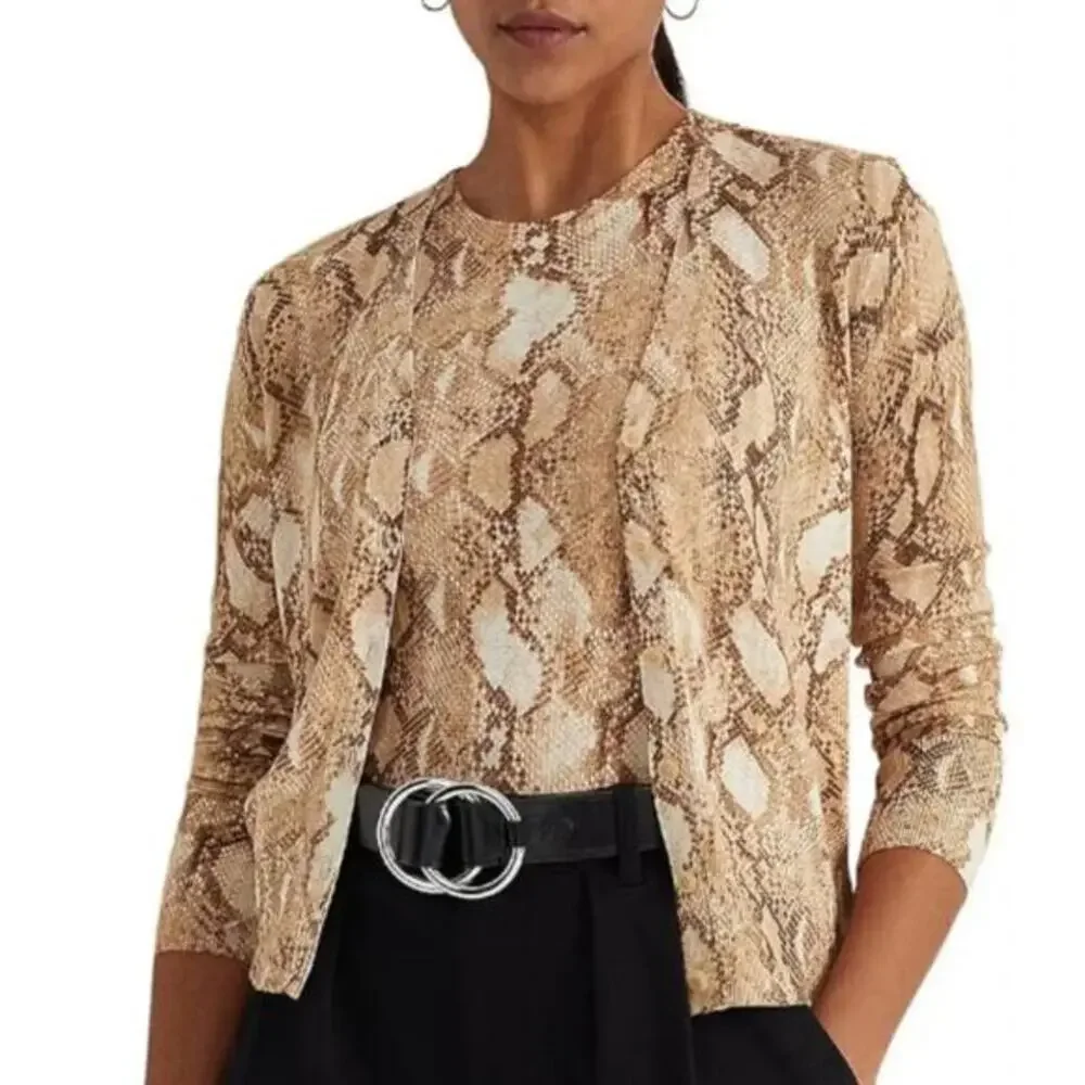 LAUREN Ralph‎ Lauren Tan Snakeskin Print Cotton-Blend Cardigan Size Small New